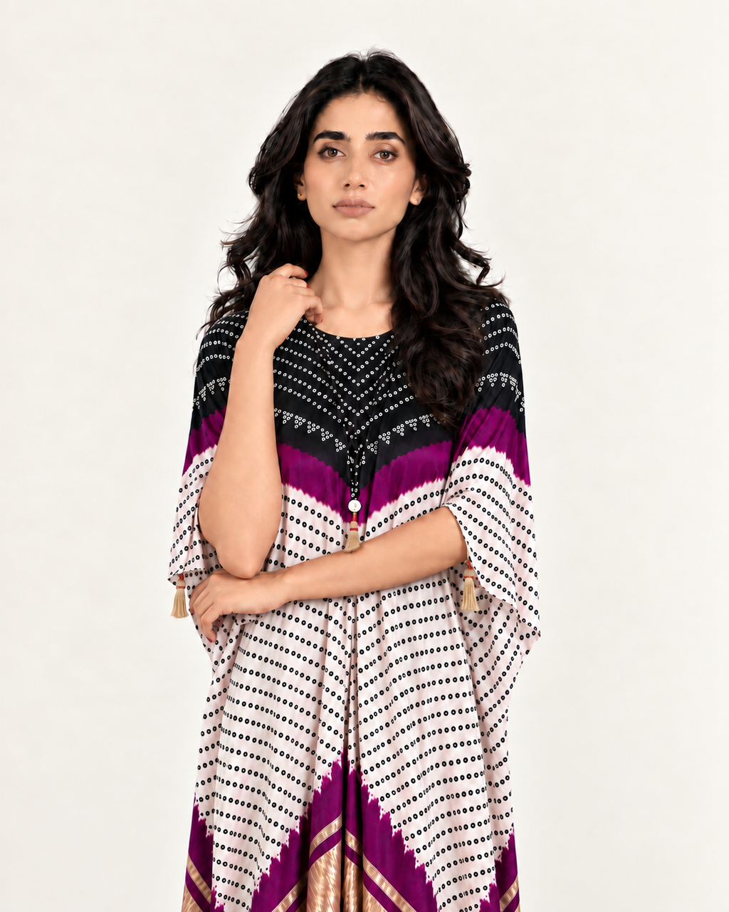Kaftan Bandhej - Black/Purple/Ivory Base - Mayura Kumar