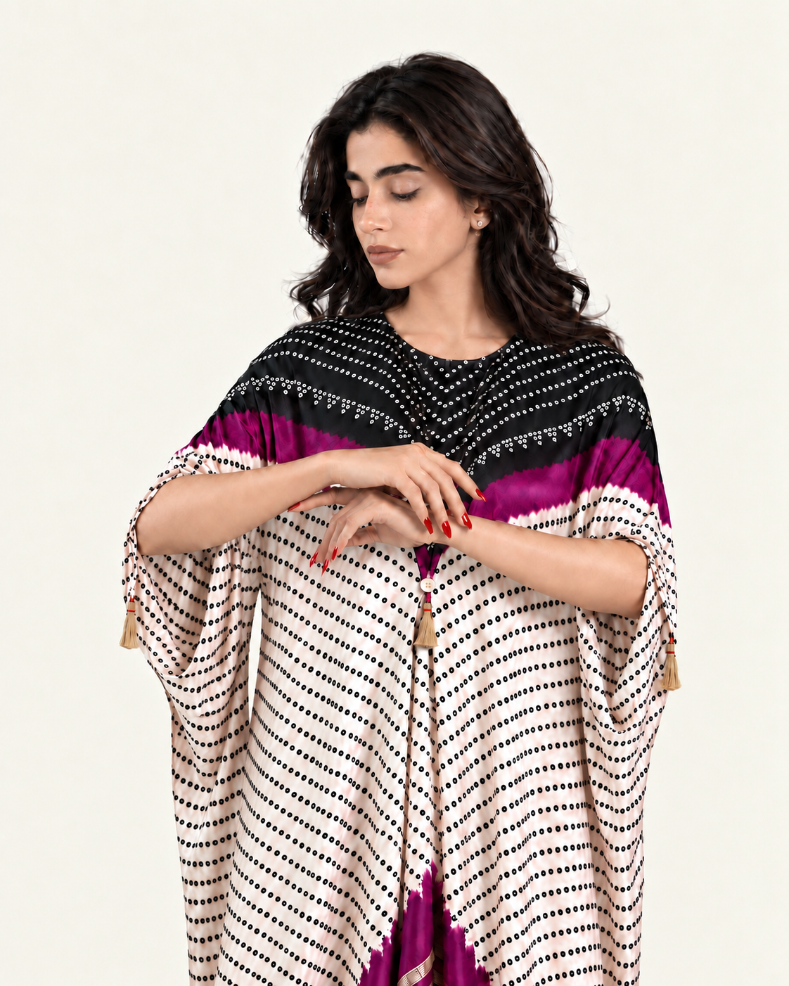 Kaftan Bandhej - Black/Purple/Ivory Base - Mayura Kumar