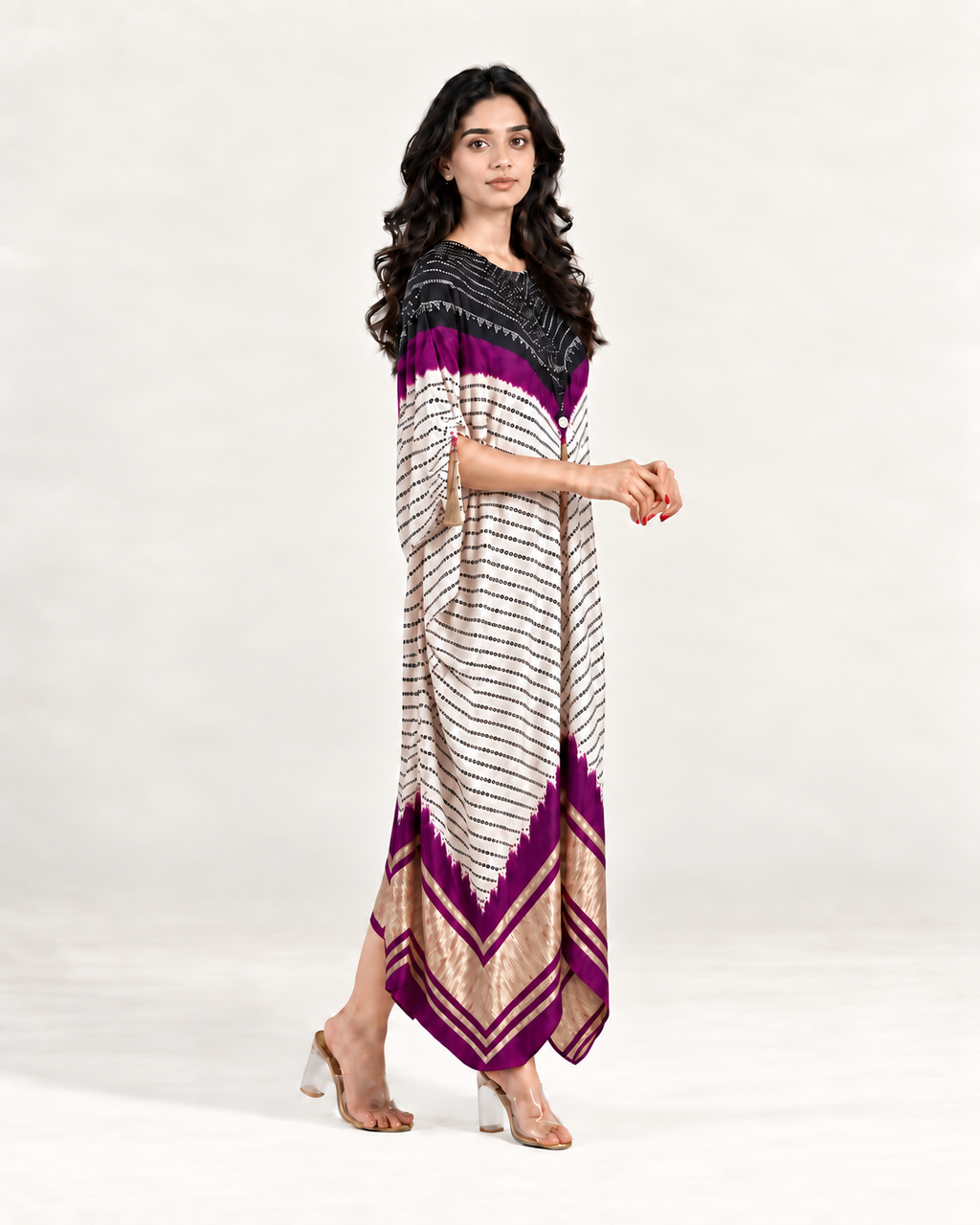 Kaftan Bandhej - Black/Purple/Ivory Base - Mayura Kumar