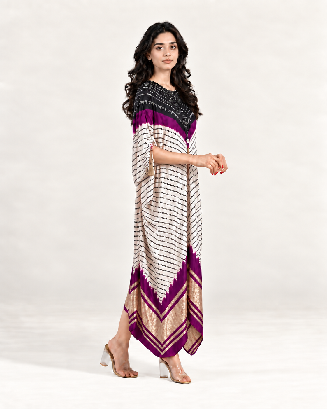 Kaftan Bandhej - Black/Purple/Ivory Base - Mayura Kumar