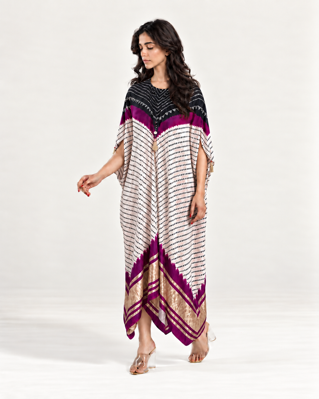 Kaftan Bandhej - Black/Purple/Ivory Base - Mayura Kumar