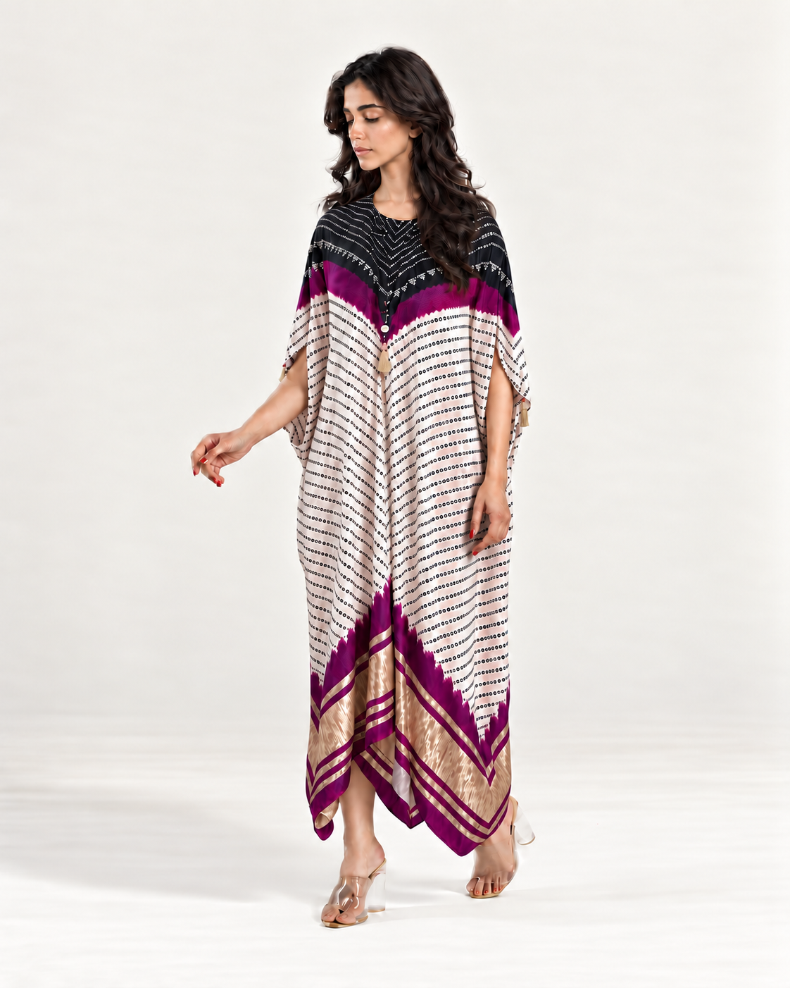 Kaftan Bandhej - Black/Purple/Ivory Base - Mayura Kumar