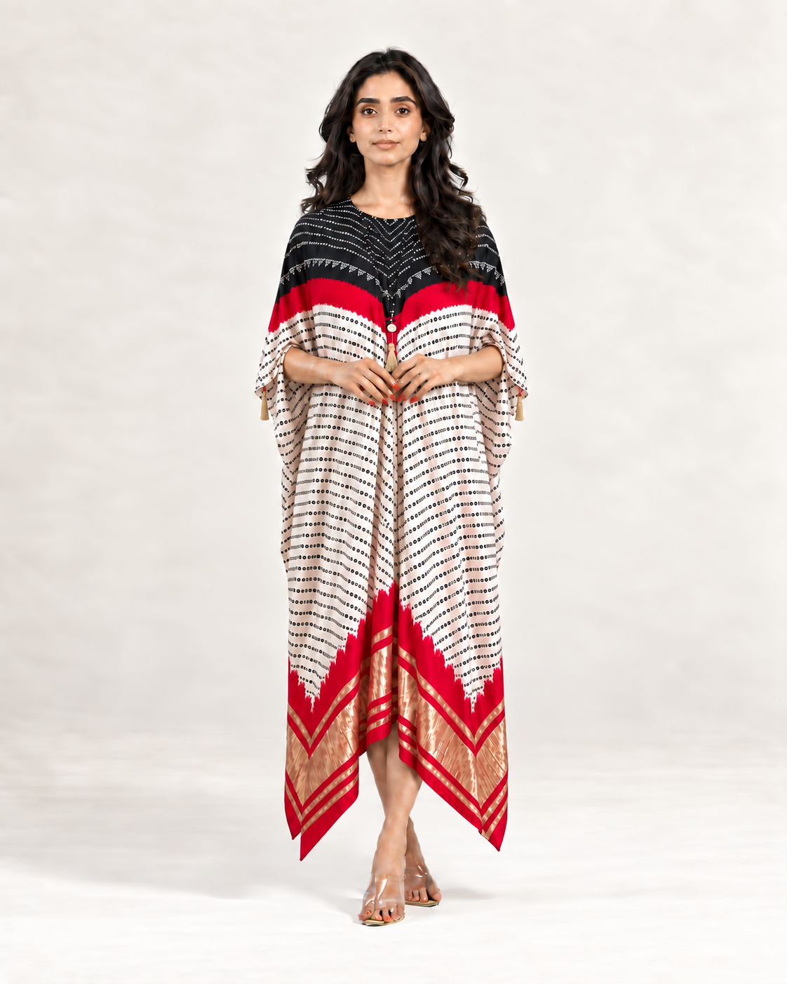 Kaftan Bandhej - Black/Red/Ivory Base - Mayura Kumar