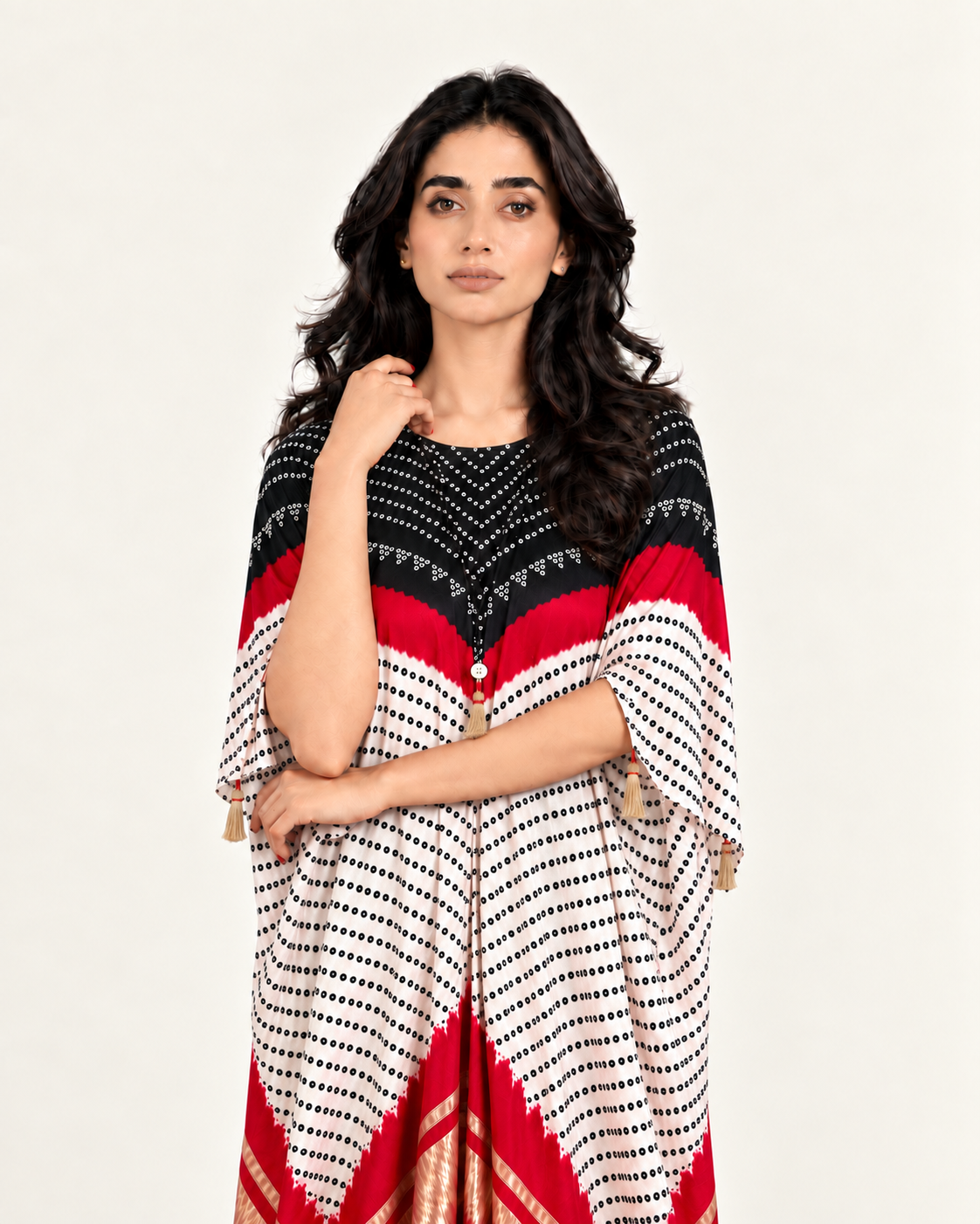 Kaftan Bandhej - Black/Red/Ivory Base - Mayura Kumar
