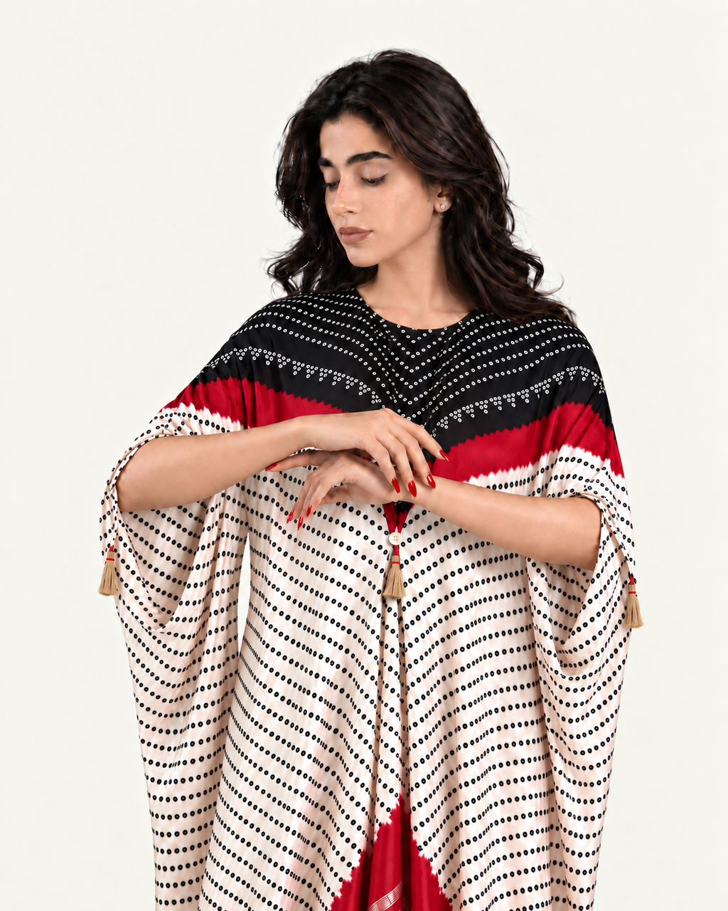 Kaftan Bandhej - Black/Red/Ivory Base - Mayura Kumar