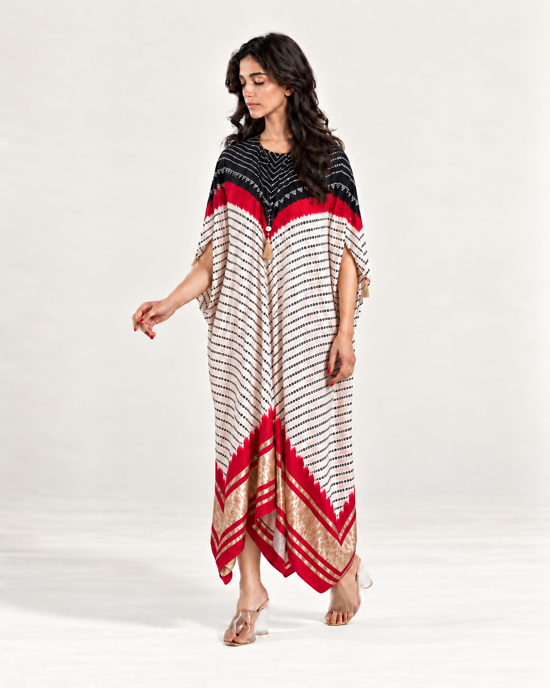 Kaftan Bandhej - Black/Red/Ivory Base - Mayura Kumar