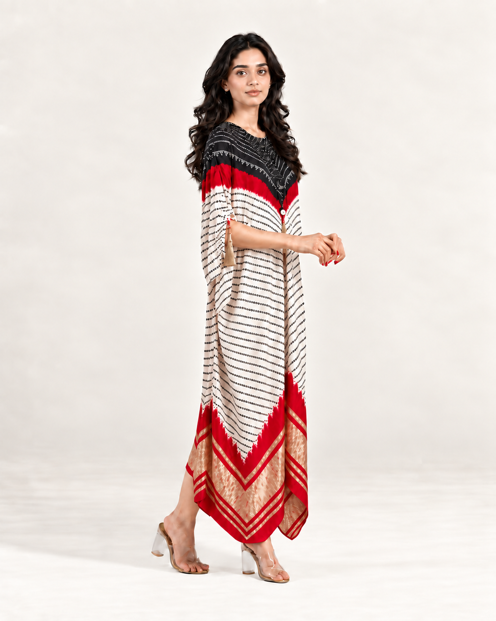 Kaftan Bandhej - Black/Red/Ivory Base - Mayura Kumar