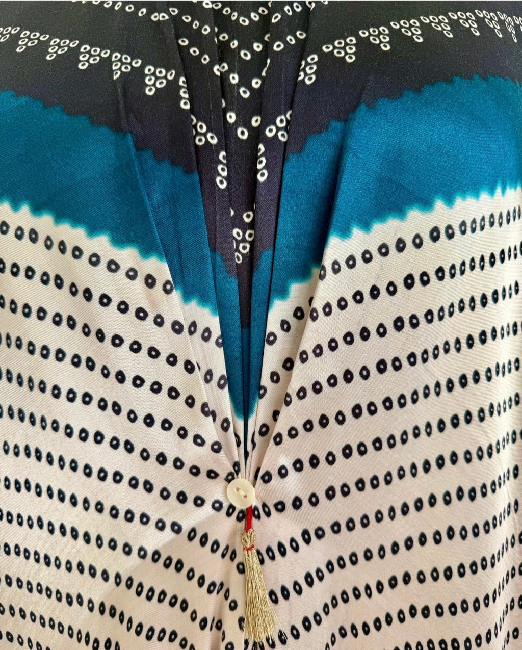 Kaftan Bandhej - Black/Teal Blue/Ivory Base - Mayura Kumar
