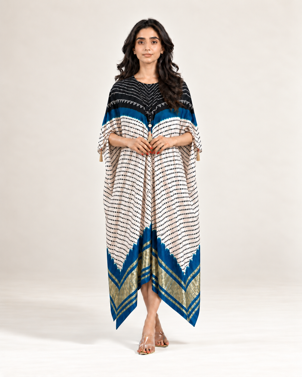 Kaftan Bandhej - Black/Teal Blue/Ivory Base - Mayura Kumar