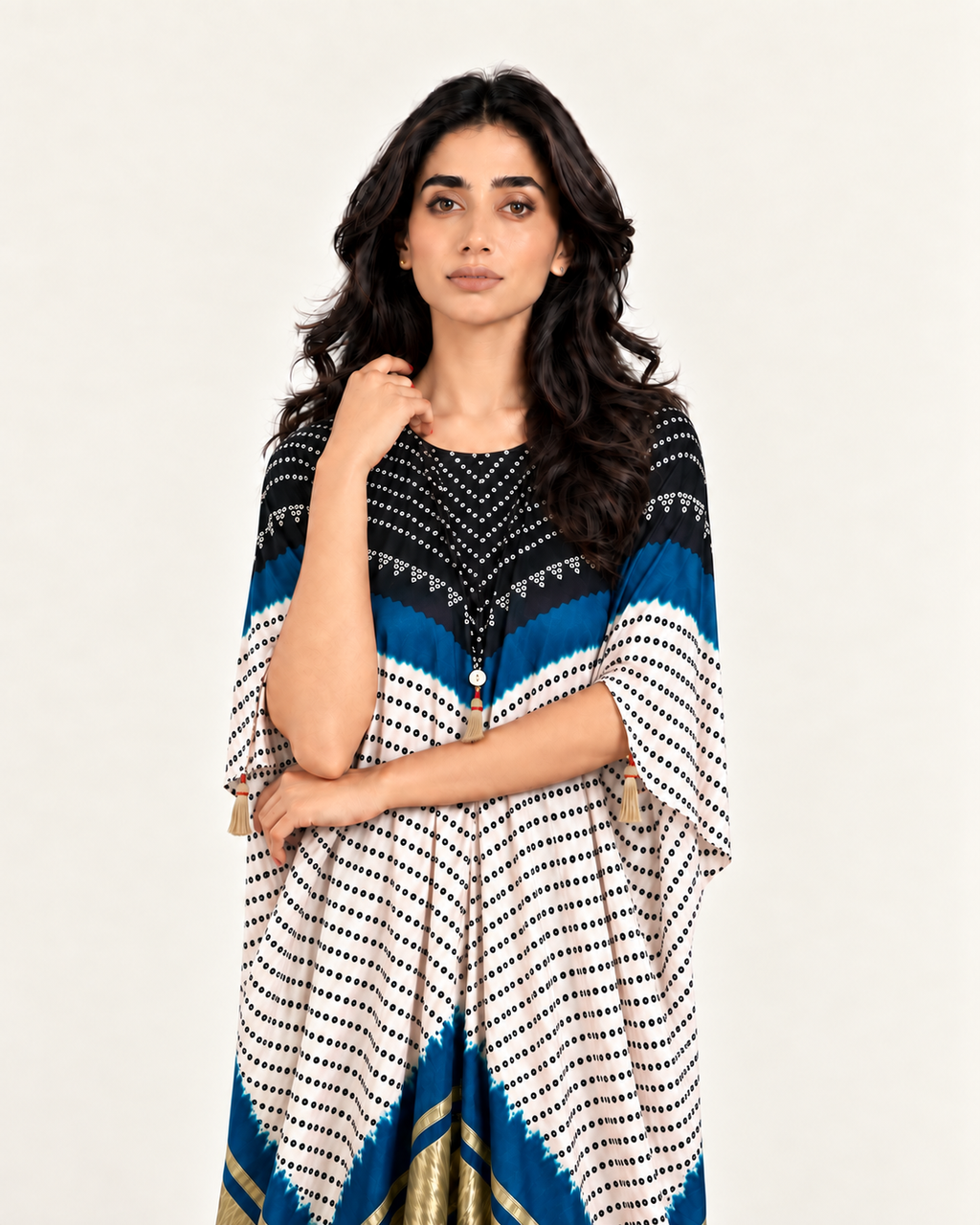 Kaftan Bandhej - Black/Teal Blue/Ivory Base - Mayura Kumar