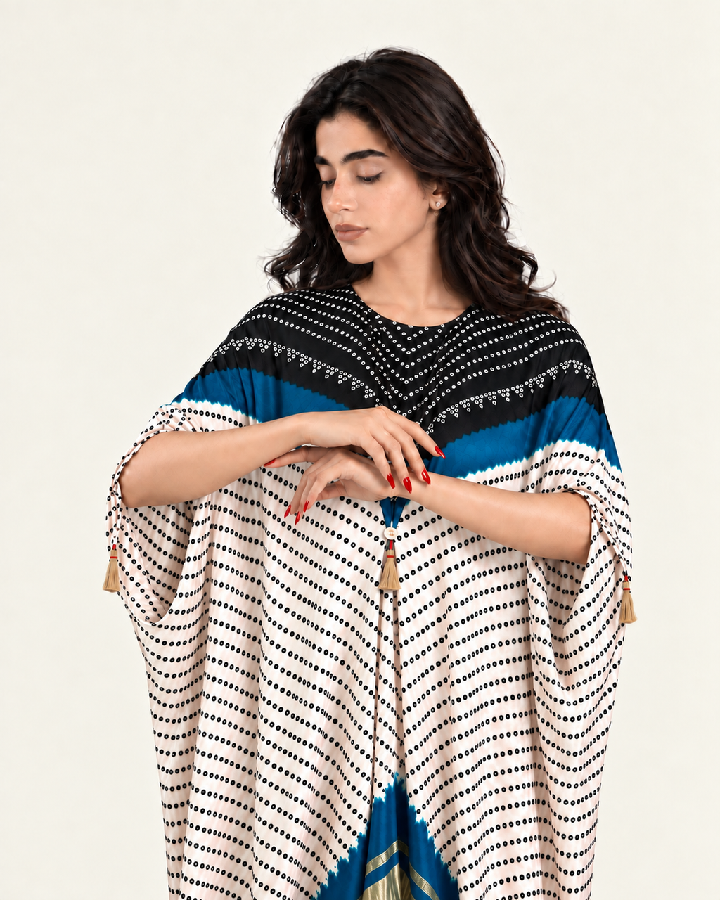 Kaftan Bandhej - Black/Teal Blue/Ivory Base - Mayura Kumar
