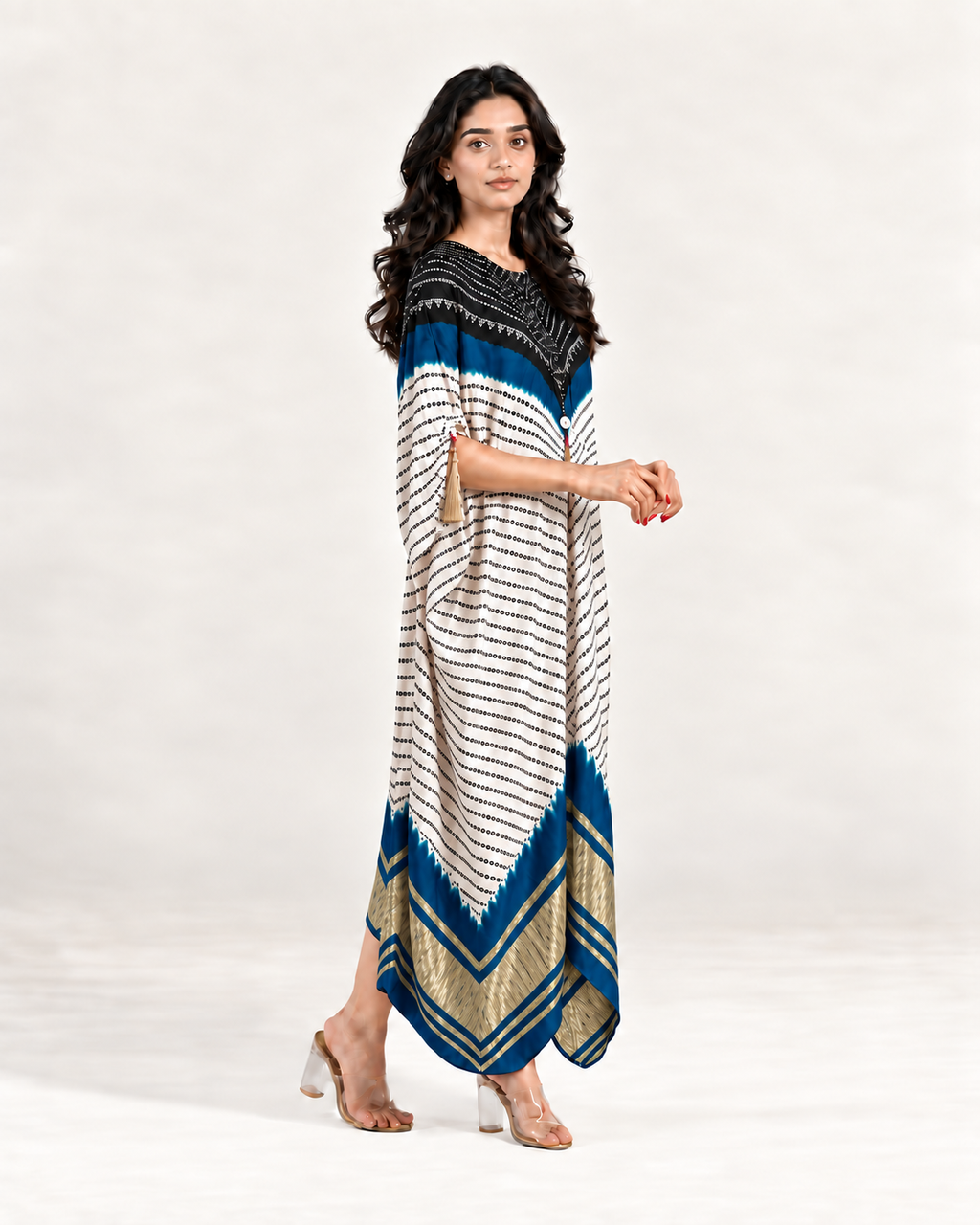 Kaftan Bandhej - Black/Teal Blue/Ivory Base - Mayura Kumar
