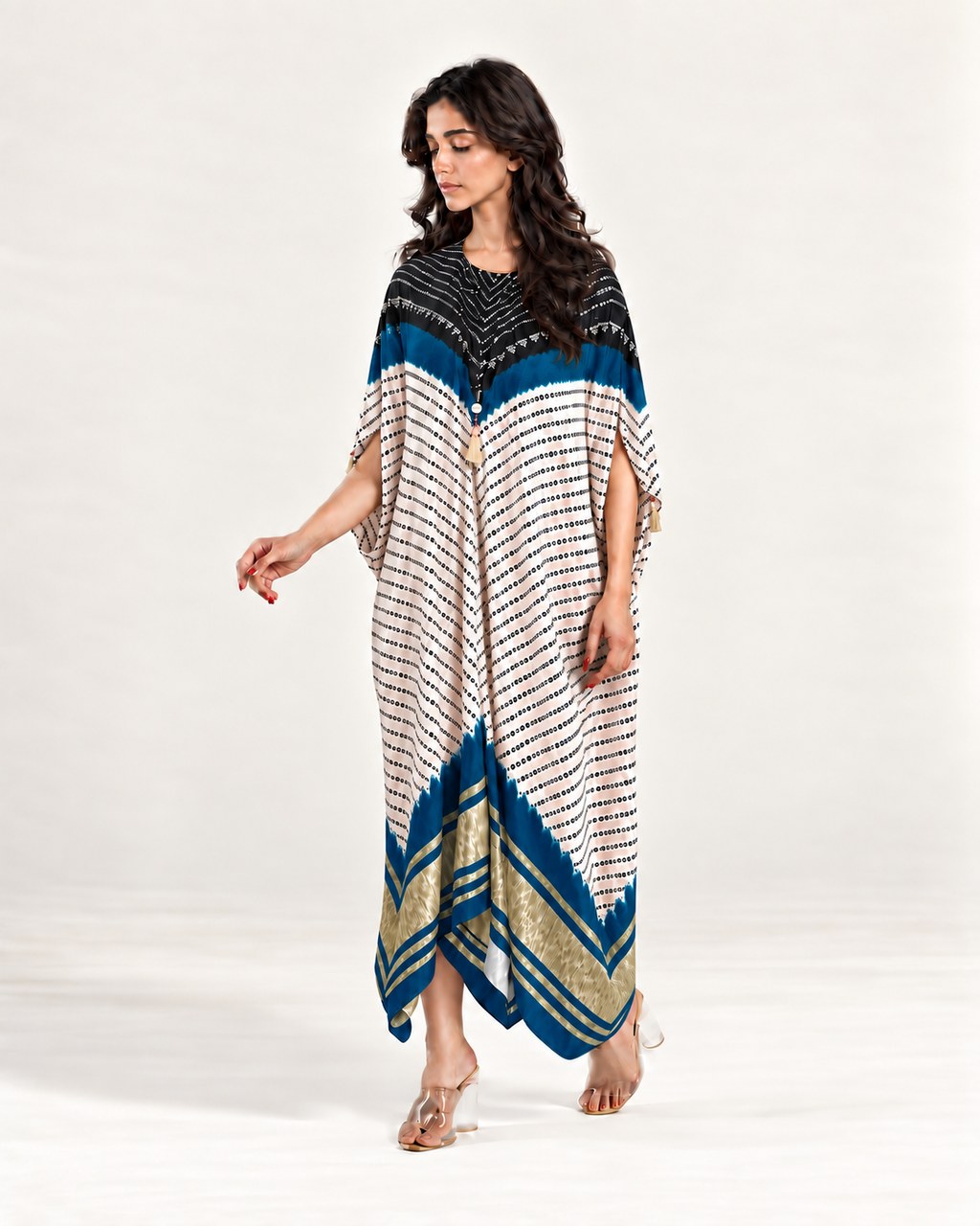 Kaftan Bandhej - Black/Teal Blue/Ivory Base - Mayura Kumar