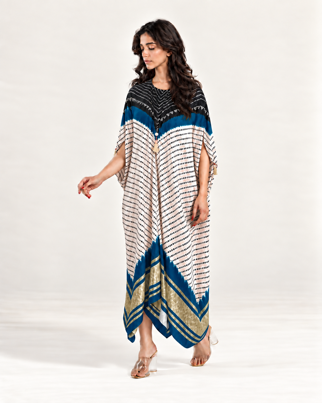 Kaftan Bandhej - Black/Teal Blue/Ivory Base - Mayura Kumar