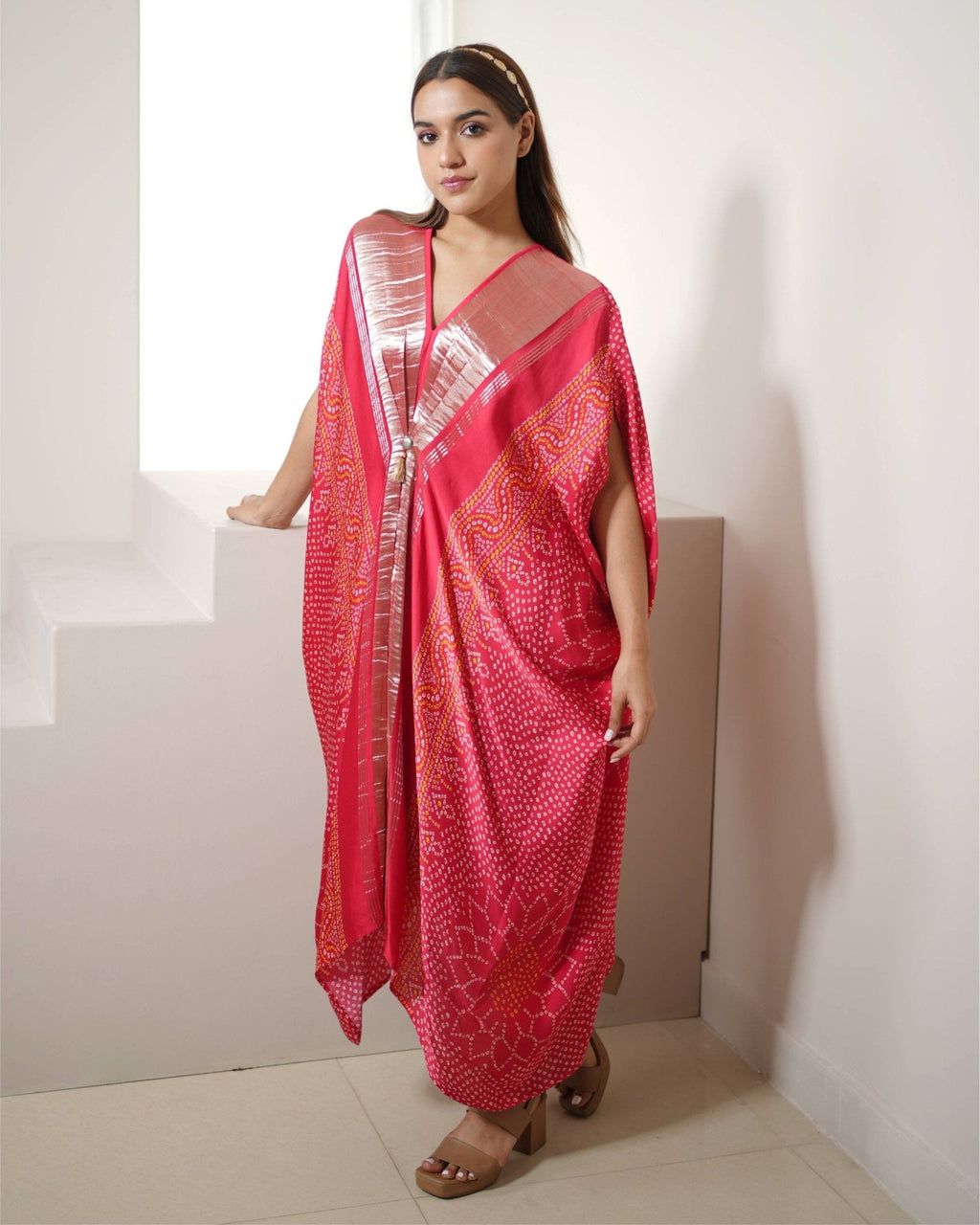 Kaftan Bandhej - Fuschia / Gold - Mayura Kumar