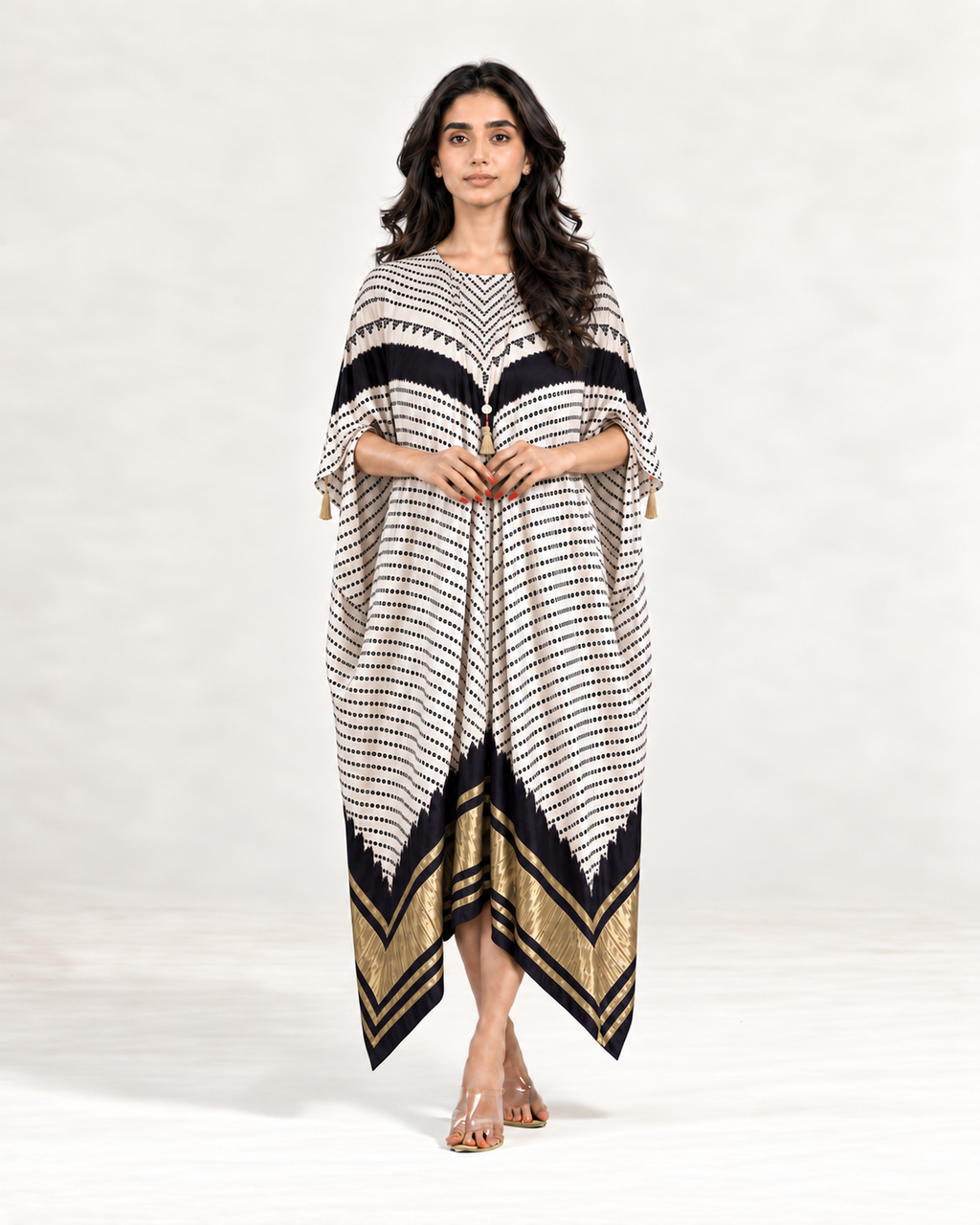 Kaftan Bandhej - Ivory/Black/Ivory Base - Mayura Kumar