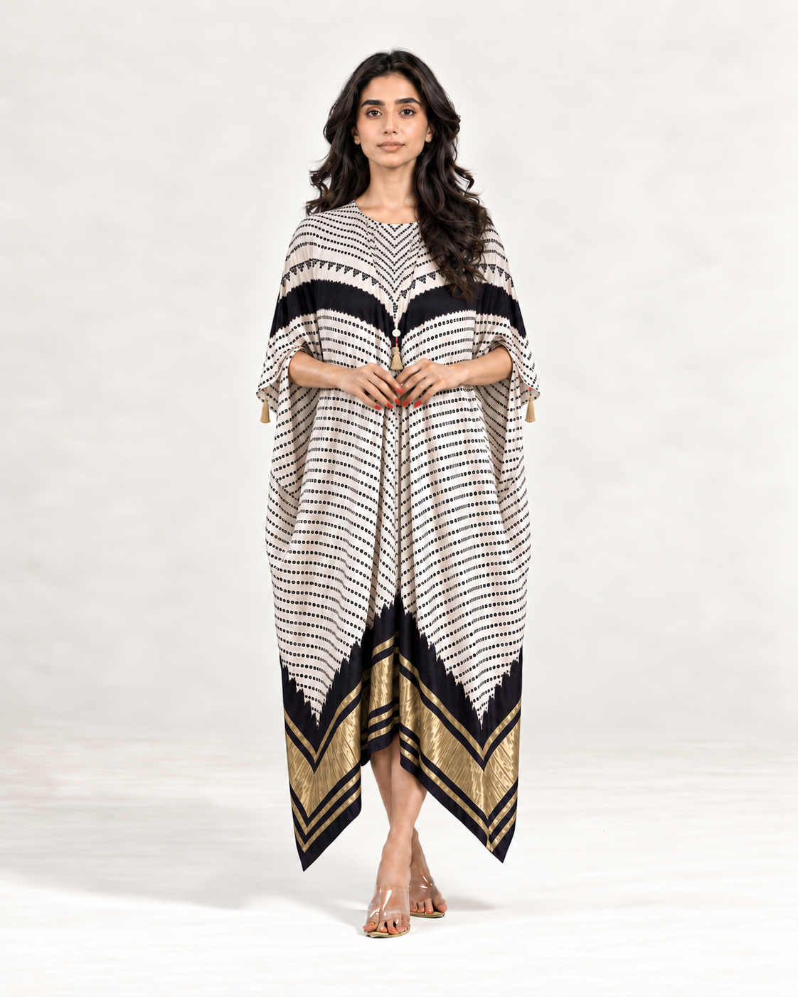 Kaftan Bandhej - Ivory/Black/Ivory Base - Mayura Kumar
