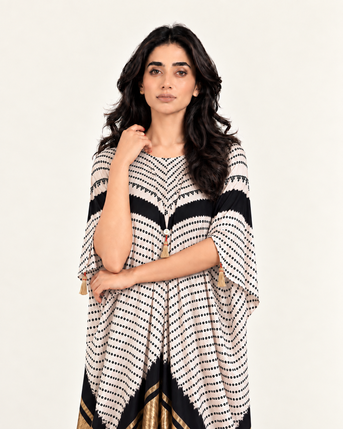 Kaftan Bandhej - Ivory/Black/Ivory Base - Mayura Kumar