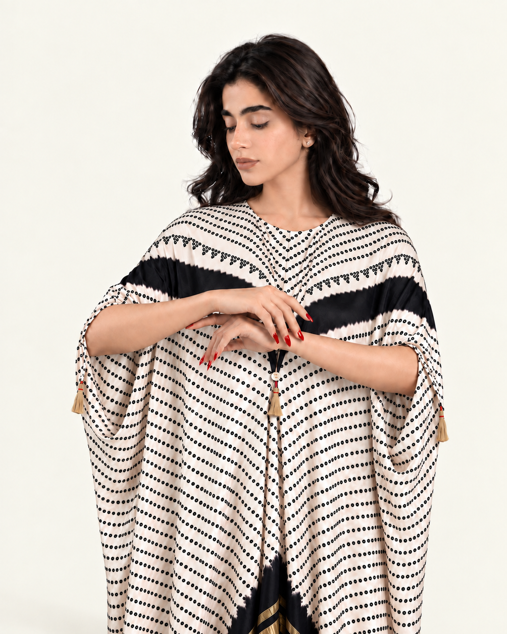 Kaftan Bandhej - Ivory/Black/Ivory Base - Mayura Kumar
