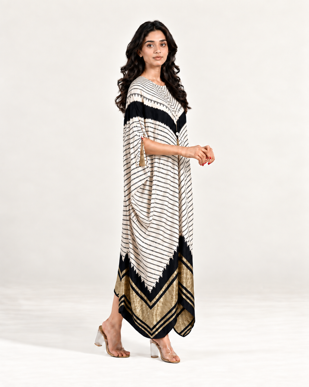 Kaftan Bandhej - Ivory/Black/Ivory Base - Mayura Kumar