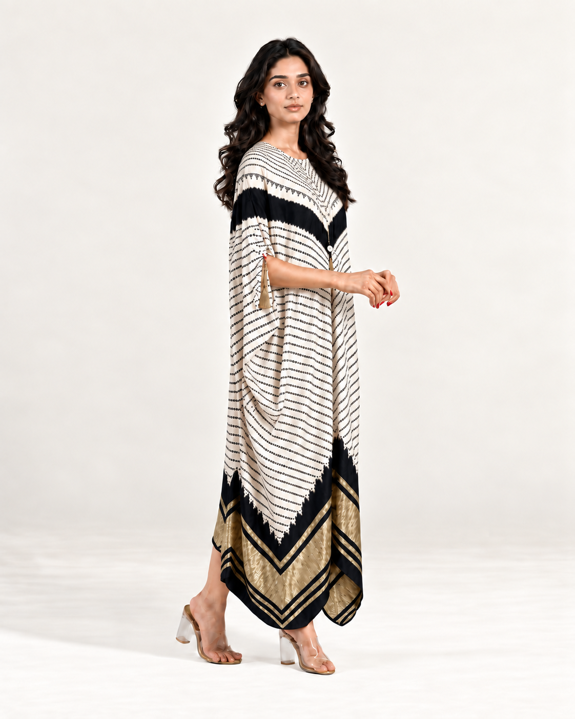 Kaftan Bandhej - Ivory/Black/Ivory Base - Mayura Kumar