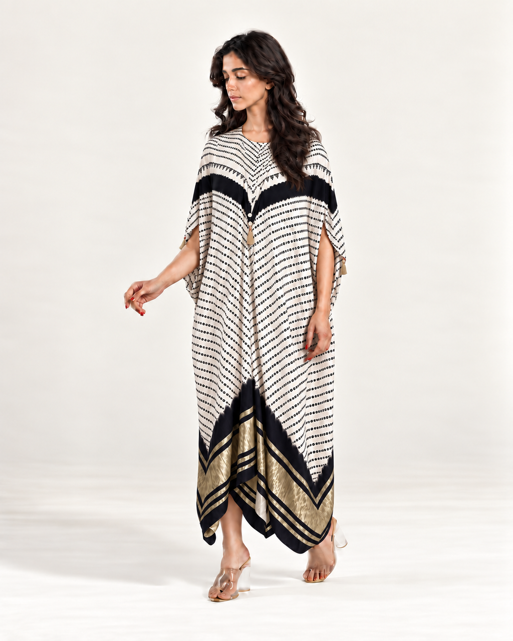 Kaftan Bandhej - Ivory/Black/Ivory Base - Mayura Kumar