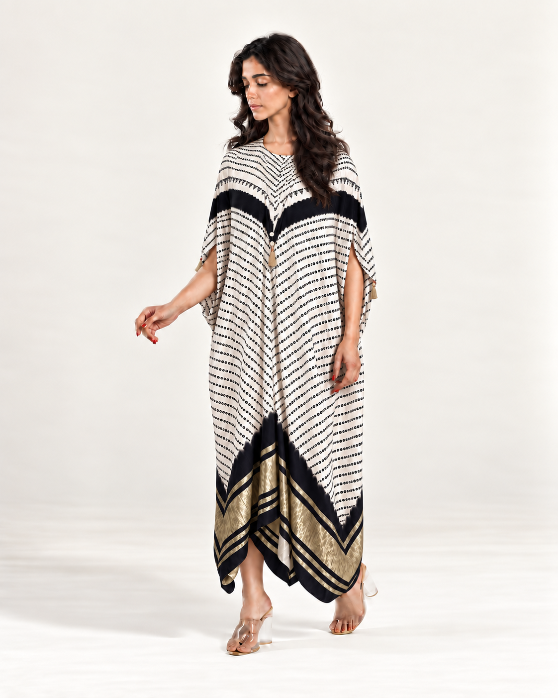 Kaftan Bandhej - Ivory/Black/Ivory Base - Mayura Kumar