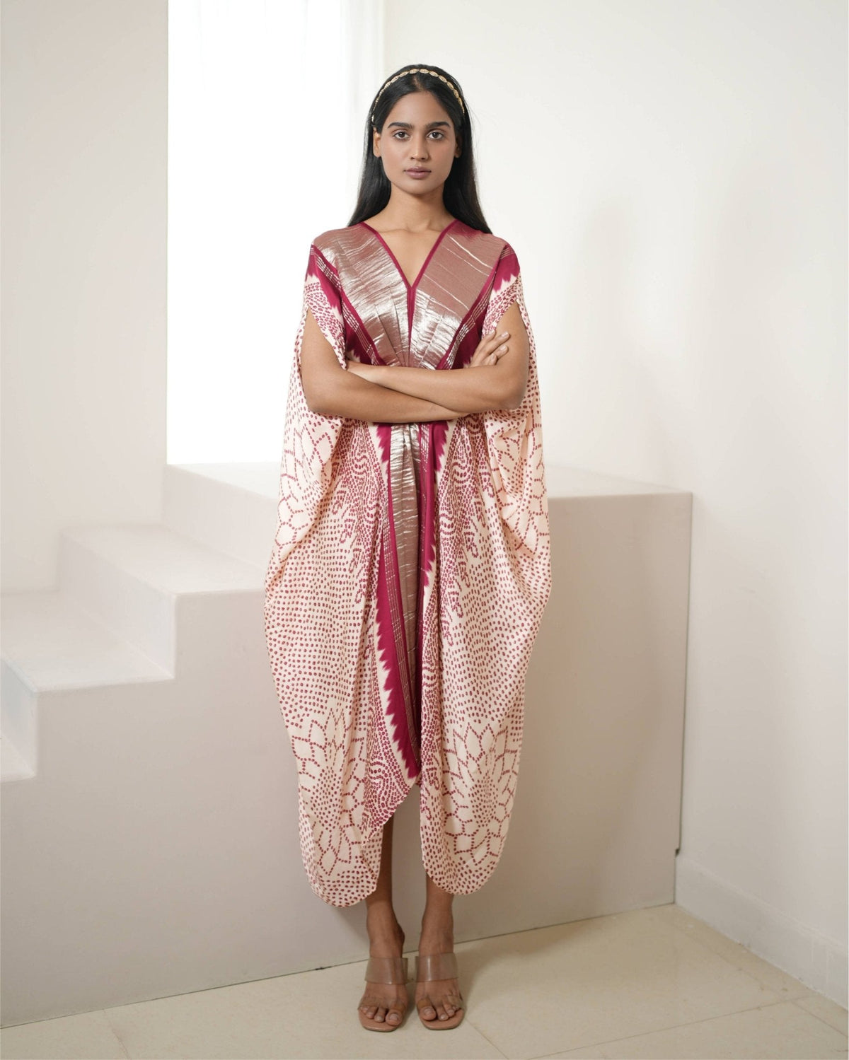 Kaftan Bandhej - Ivory / Red / Gold - Mayura Kumar