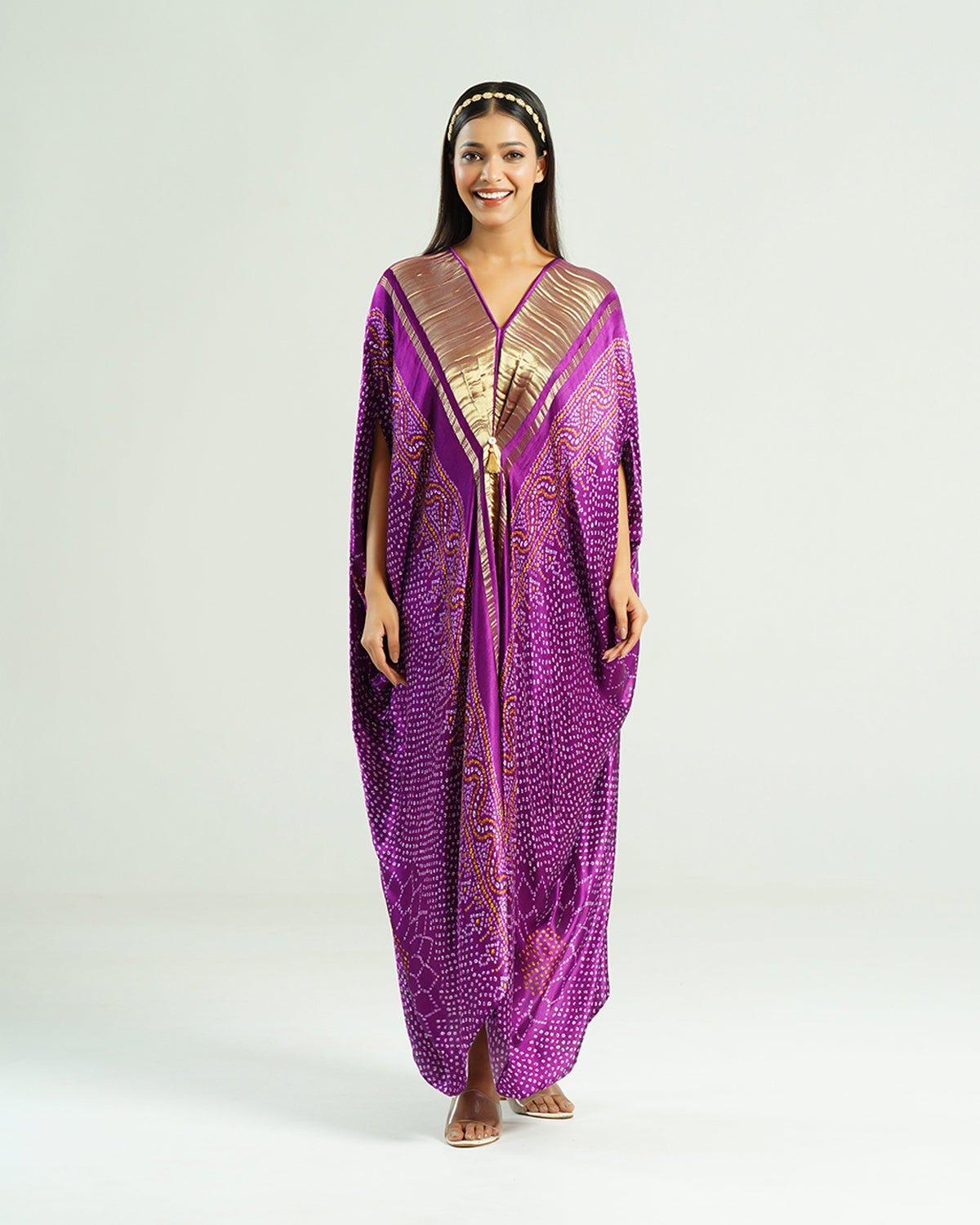 Kaftan Bandhej - Purple / Gold by Mayura Kumar with Bandhej Digital Print & Zari Weave, enrich-attempted, enrich-completed at in.kamakhyaa.com for sustainable fashion