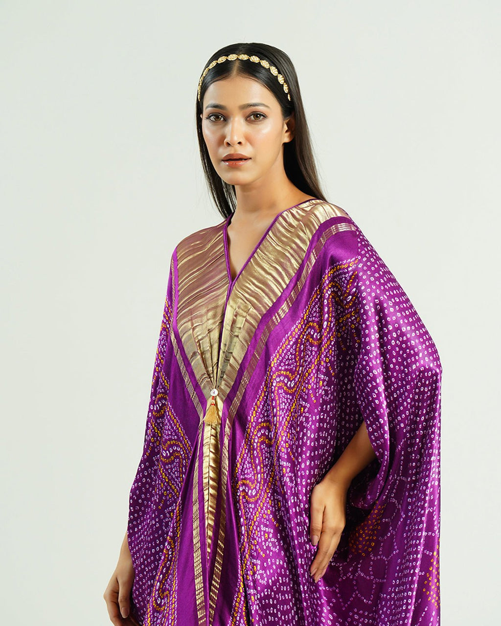 Kaftan Bandhej - Purple / Gold by Mayura Kumar with Bandhej Digital Print & Zari Weave, enrich-attempted, enrich-completed at in.kamakhyaa.com for sustainable fashion