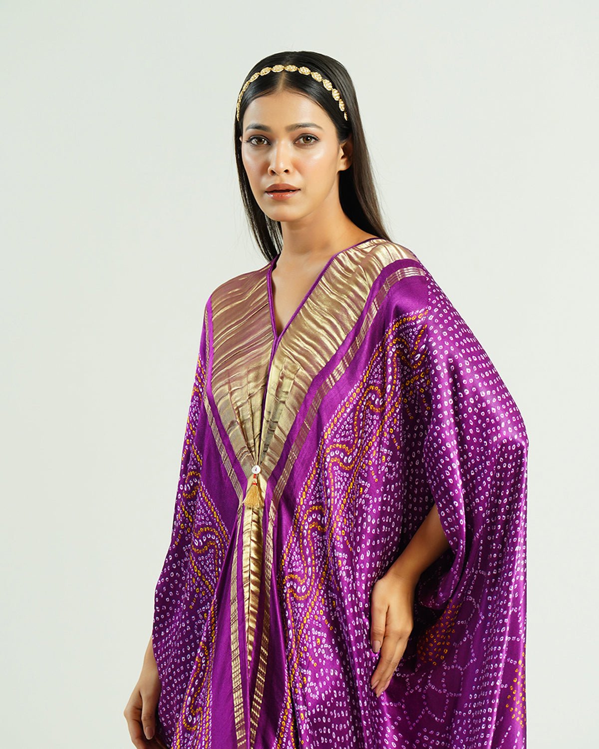 Kaftan Bandhej - Purple / Gold by Mayura Kumar with Bandhej Digital Print & Zari Weave, enrich-attempted, enrich-completed at in.kamakhyaa.com for sustainable fashion