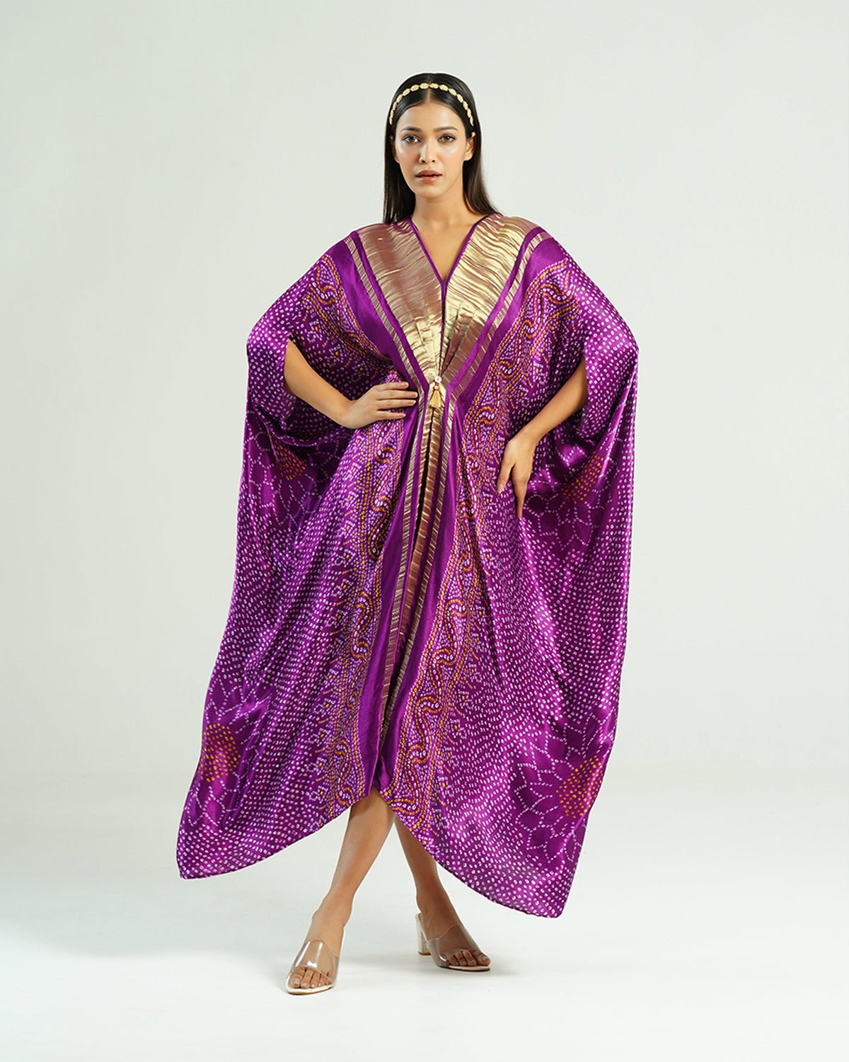 Kaftan Bandhej - Purple / Gold by Mayura Kumar with Bandhej Digital Print & Zari Weave, enrich-attempted, enrich-completed at in.kamakhyaa.com for sustainable fashion
