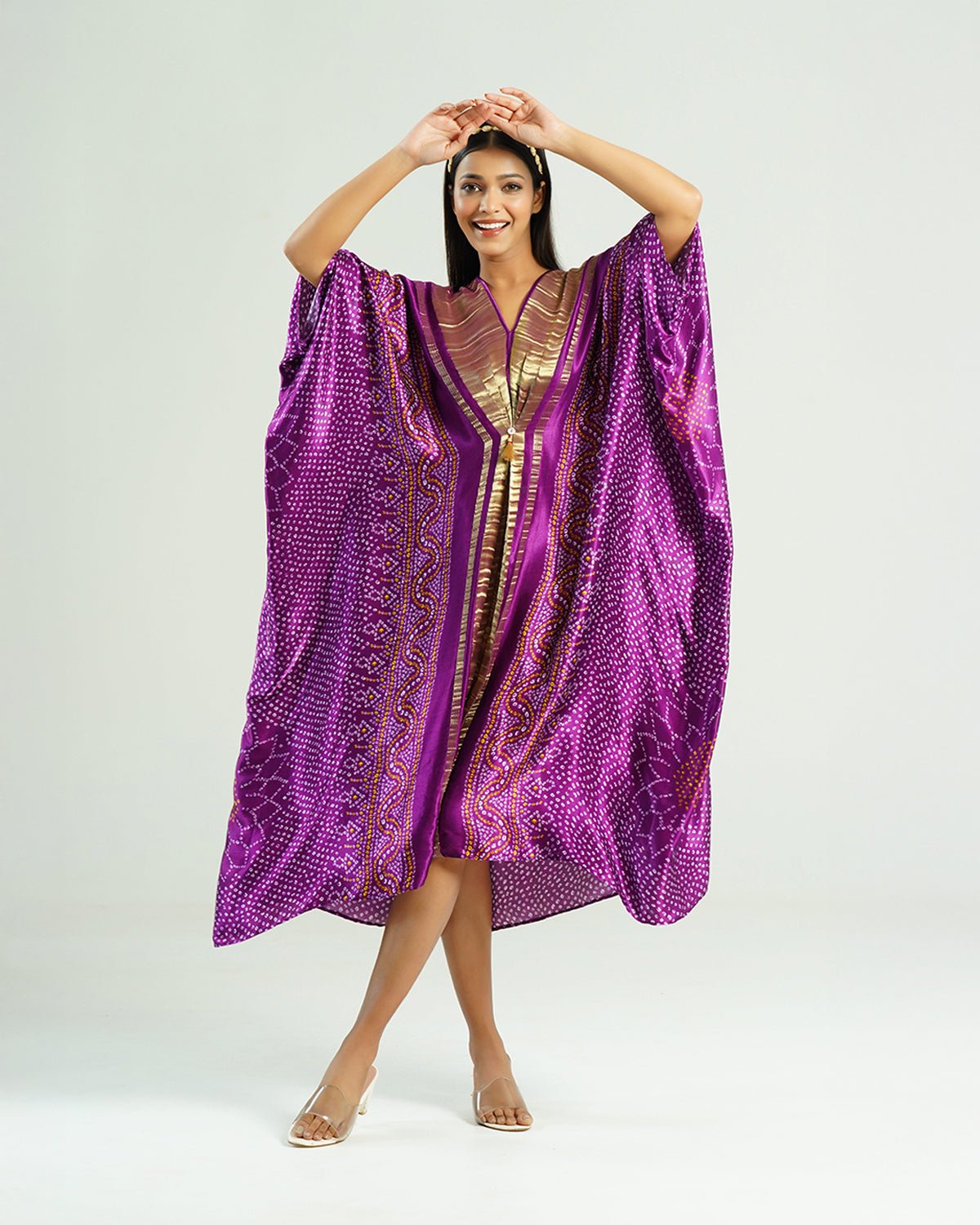 Kaftan Bandhej - Purple / Gold by Mayura Kumar with Bandhej Digital Print & Zari Weave, enrich-attempted, enrich-completed at in.kamakhyaa.com for sustainable fashion