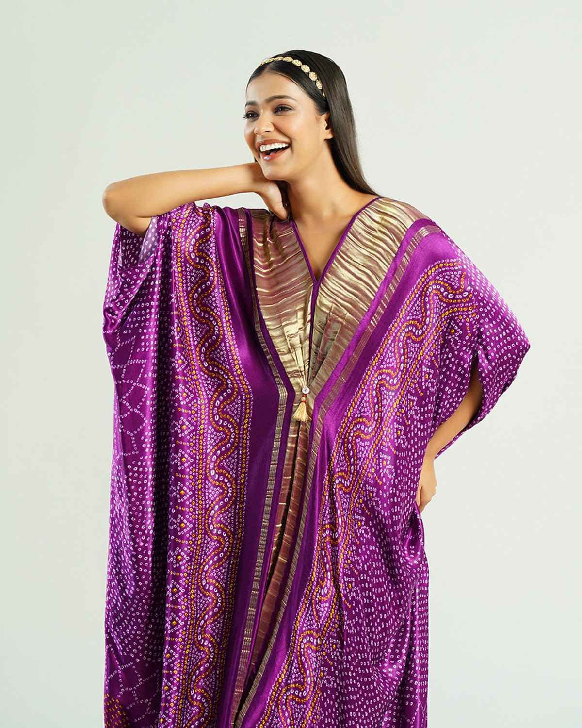 Kaftan Bandhej - Purple / Gold by Mayura Kumar with Bandhej Digital Print & Zari Weave, enrich-attempted, enrich-completed at in.kamakhyaa.com for sustainable fashion