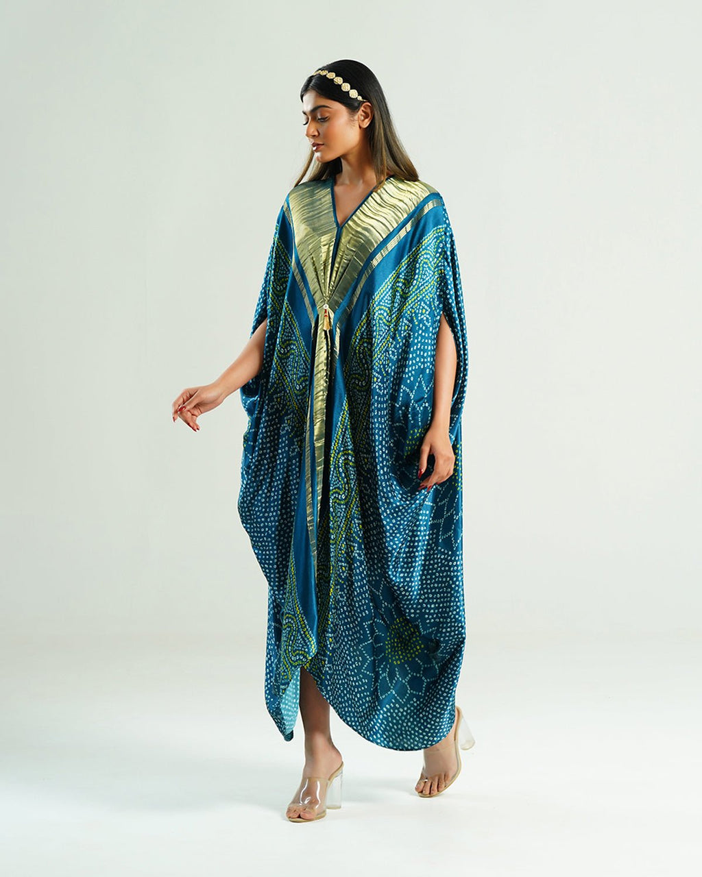 Kaftan Bandhej - Teal Blue / Gold - Mayura Kumar