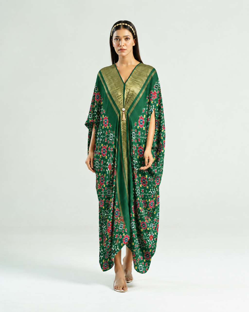 Kaftan Patola - Dark Green / Gold by Mayura Kumar with enrich-attempted, enrich-completed, Patola Digital Print & Zari Weave at in.kamakhyaa.com for sustainable fashion