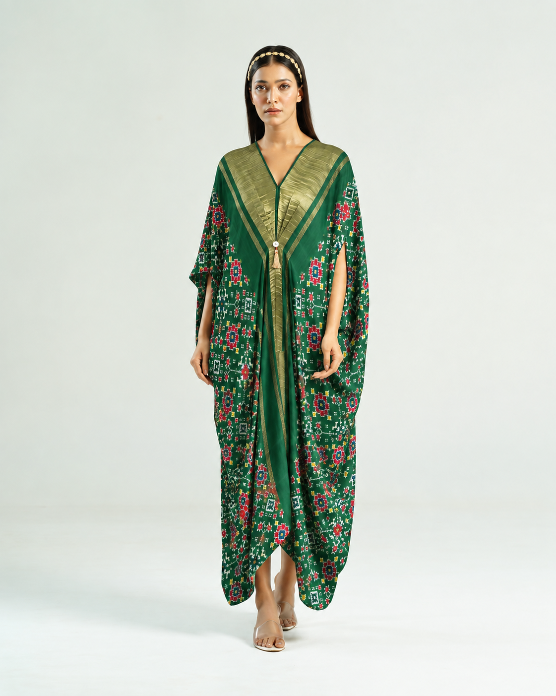 Kaftan Patola - Dark Green / Gold by Mayura Kumar with enrich-attempted, enrich-completed, Patola Digital Print & Zari Weave at in.kamakhyaa.com for sustainable fashion