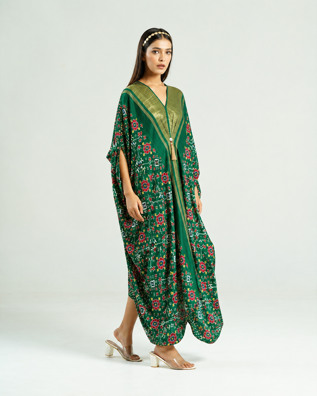 Kaftan Patola - Dark Green / Gold by Mayura Kumar with enrich-attempted, enrich-completed, Patola Digital Print & Zari Weave at in.kamakhyaa.com for sustainable fashion