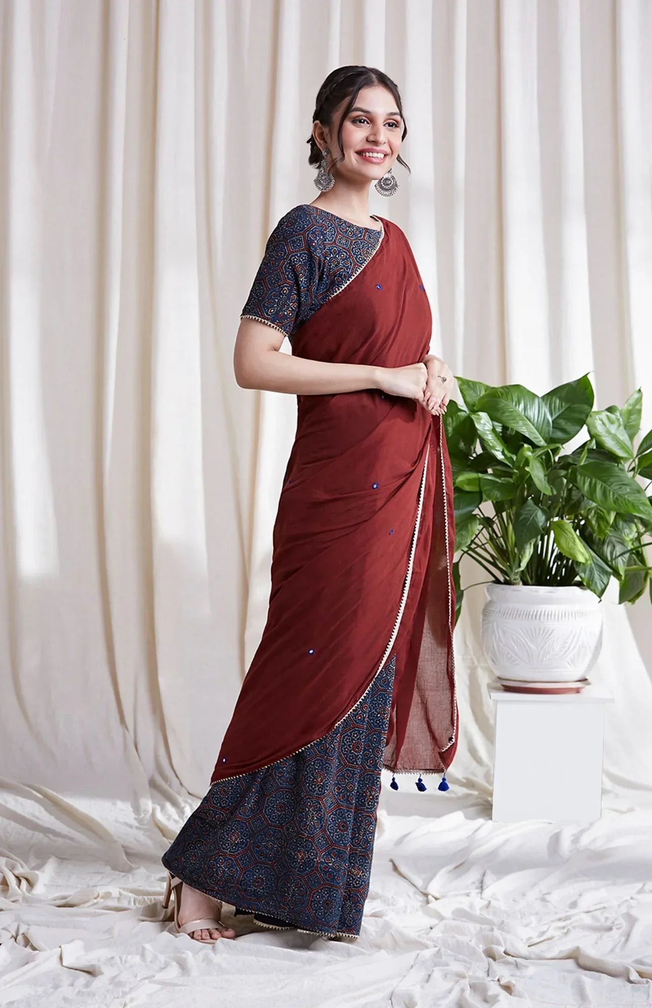 Kala Cotton Ajrakh Saree by Hasttvam with Cotton, Festive Wear, Floral, Handmade by Artisans, Indigo, Natural Dye, Rang by Hasttvam, Red, Relaxed Fit, Responsible production and Vegan at Kamakhyaa for sustainable fashion