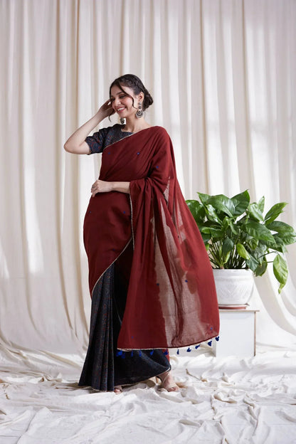 Kala Cotton Ajrakh Saree by Hasttvam with Cotton, Festive Wear, Floral, Handmade by Artisans, Indigo, Natural Dye, Rang by Hasttvam, Red, Relaxed Fit, Responsible production and Vegan at Kamakhyaa for sustainable fashion