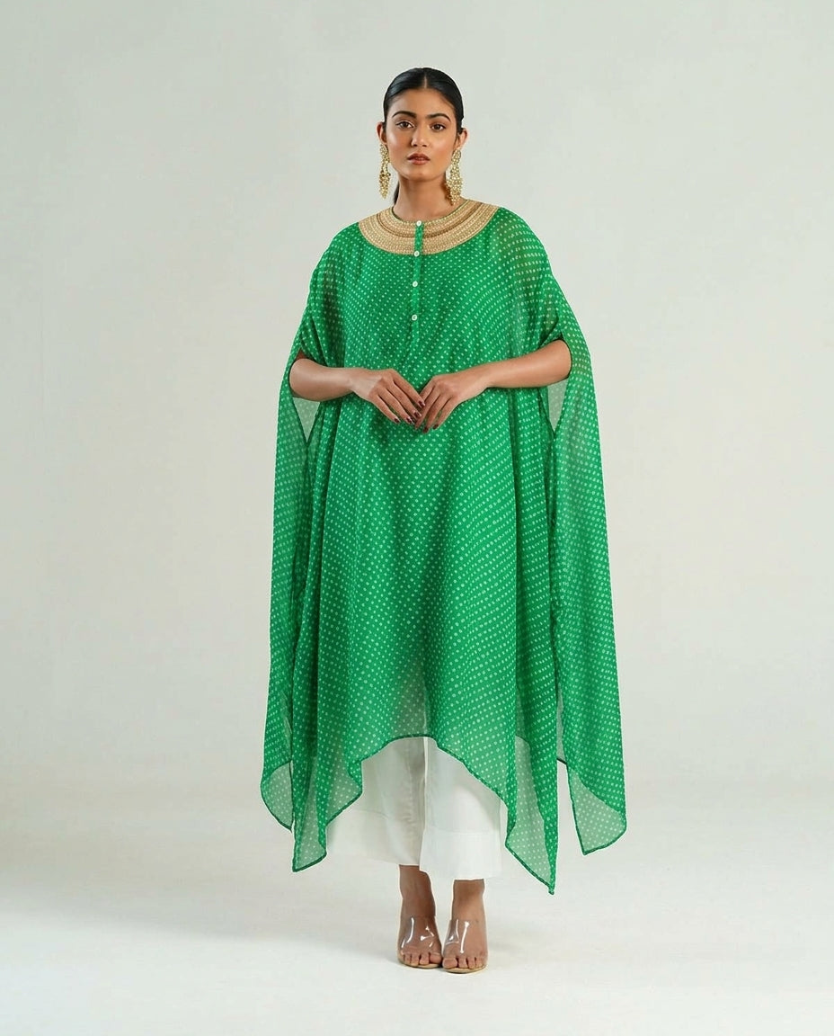 Kurta Set Bandhej - Parrot Green / Ivory / Gold - Mayura Kumar