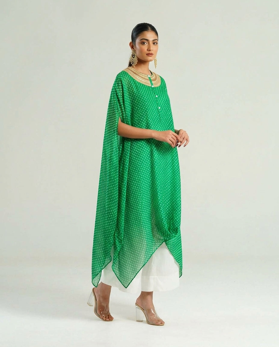 Kurta Set Bandhej - Parrot Green / Ivory / Gold - Mayura Kumar
