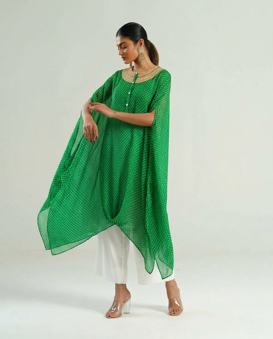 Kurta Set Bandhej - Parrot Green / Ivory / Gold - Mayura Kumar