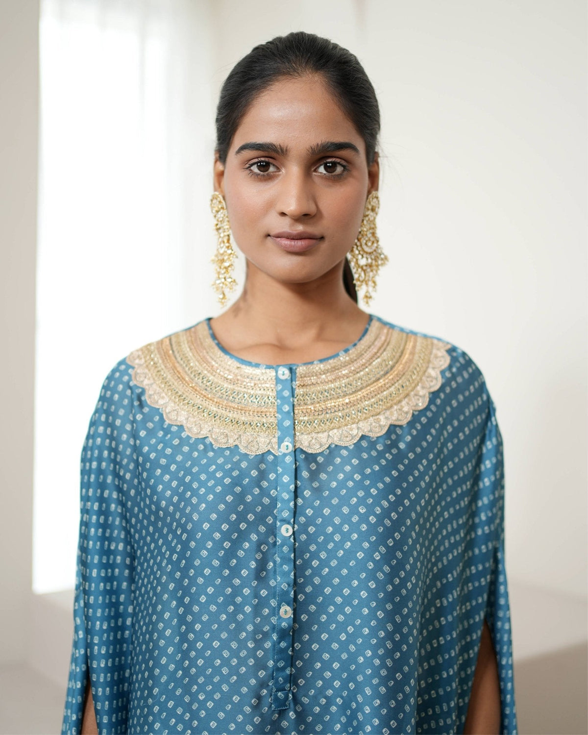 Kurta Set Bandhej - Teal Blue / Ivory / Gold - Mayura Kumar