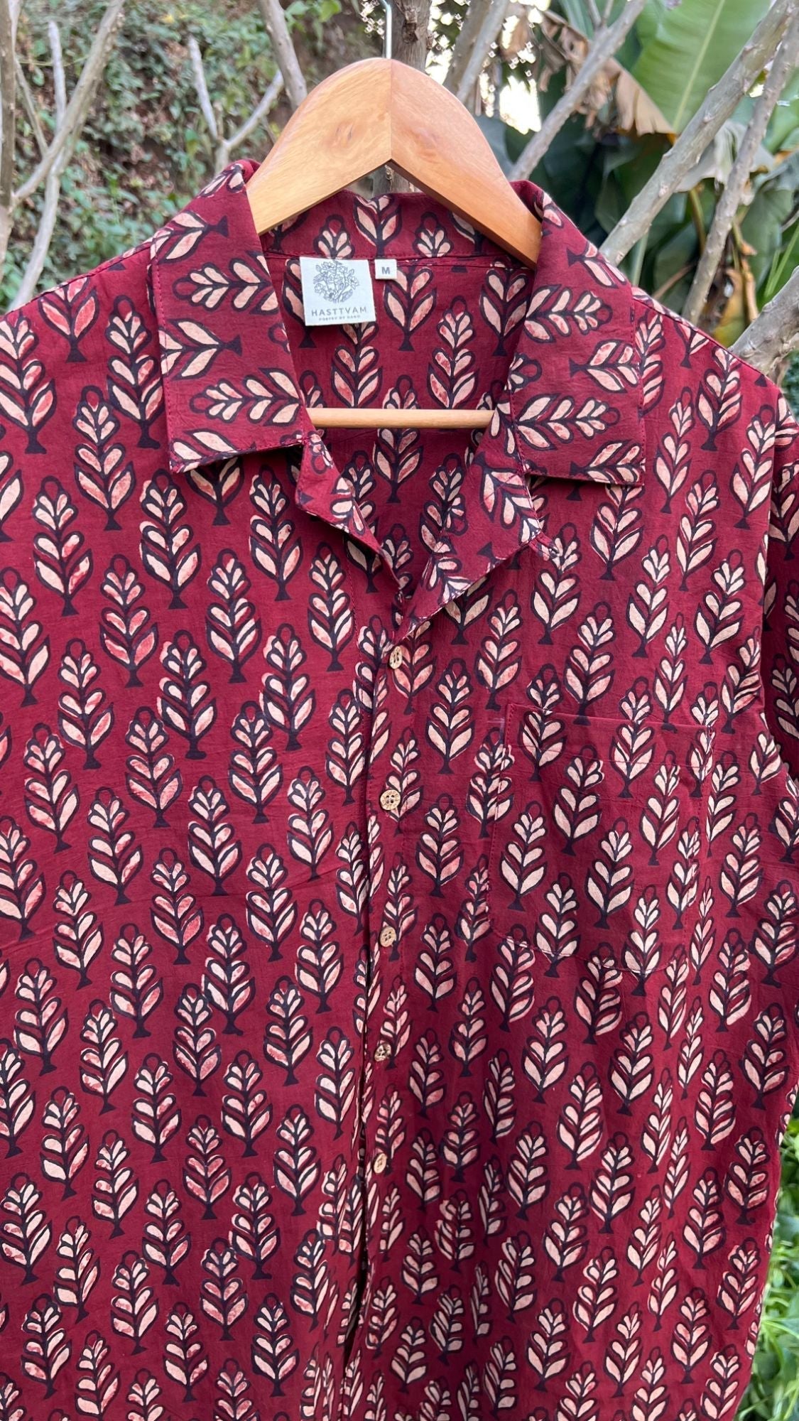 Leafy Print Red Shirt for Men by Hasttvam with Casual Wear, Cotton, Floral, Fusion Wear, Natural Dye, Rang by Hasttvam, Red, Relaxed Fit, Responsible production and Vegan, Shirt at Kamakhyaa for sustainable fashion