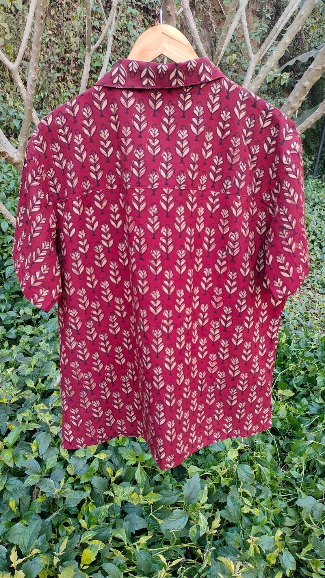 Leafy Print Red Shirt for Men by Hasttvam with Casual Wear, Cotton, Floral, Fusion Wear, Natural Dye, Rang by Hasttvam, Red, Relaxed Fit, Responsible production and Vegan, Shirt at Kamakhyaa for sustainable fashion