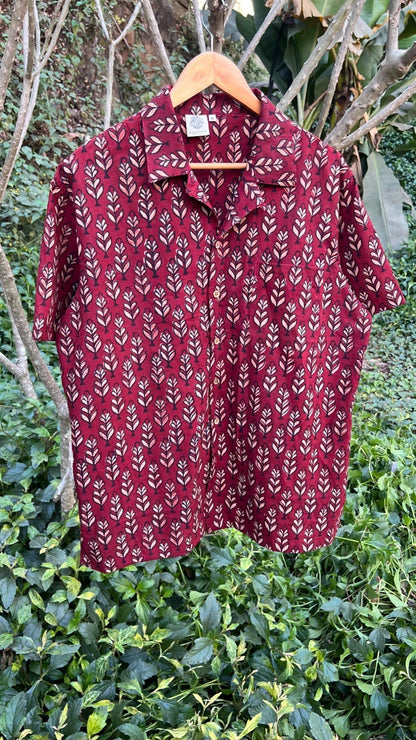 Leafy Print Red Shirt for Men by Hasttvam with Casual Wear, Cotton, Floral, Fusion Wear, Natural Dye, Rang by Hasttvam, Red, Relaxed Fit, Responsible production and Vegan, Shirt at Kamakhyaa for sustainable fashion