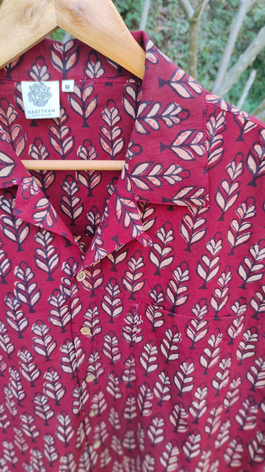 Leafy Print Red Shirt for Men by Hasttvam with Casual Wear, Cotton, Floral, Fusion Wear, Natural Dye, Rang by Hasttvam, Red, Relaxed Fit, Responsible production and Vegan, Shirt at Kamakhyaa for sustainable fashion