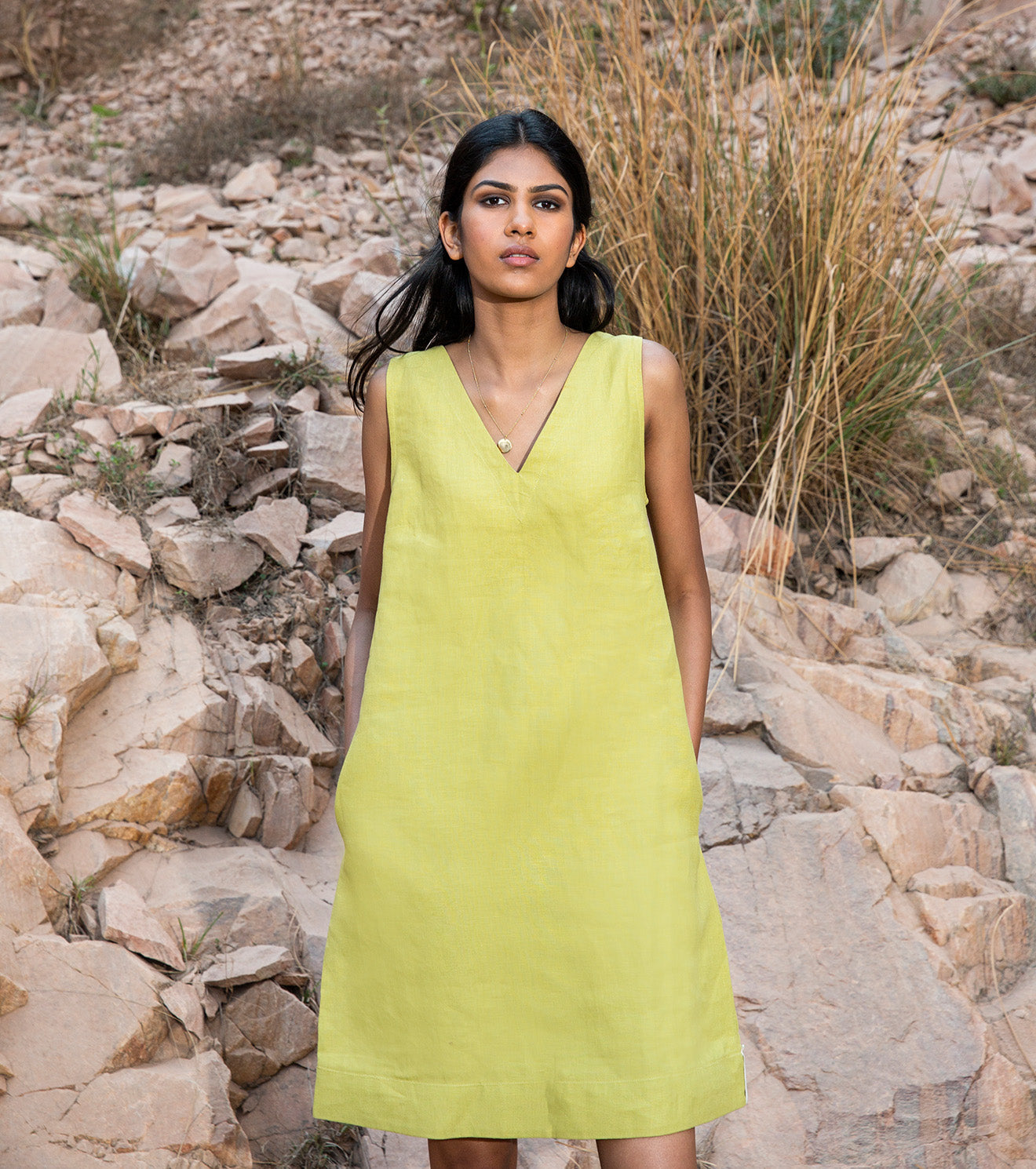 Lime Green Mini Dress by Khara Kapas with 32 Days Of Summer by Khara Kapas, Green, Linen, Mini Dresses, Natural, Relaxed Fit, Resort Wear, Sleeveless Dresses, Solids, Womenswear at Kamakhyaa for sustainable fashion