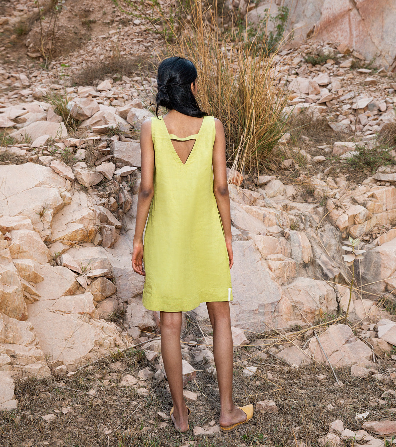 Lime Green Mini Dress by Khara Kapas with 32 Days Of Summer by Khara Kapas, Green, Linen, Mini Dresses, Natural, Relaxed Fit, Resort Wear, Sleeveless Dresses, Solids, Womenswear at Kamakhyaa for sustainable fashion